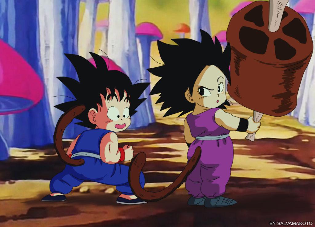 Arte nostálgica de Dragon Ball imagina Goku criança com Caulifla