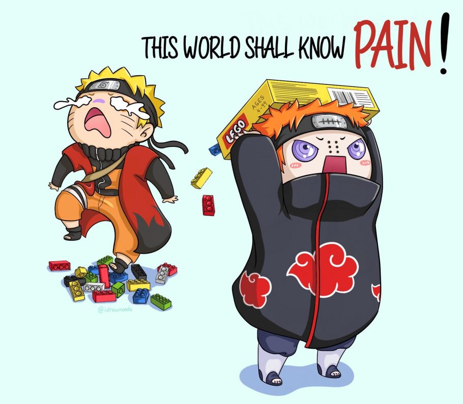 Arte hilária  mostra Pain mostrando a dor para o Naruto