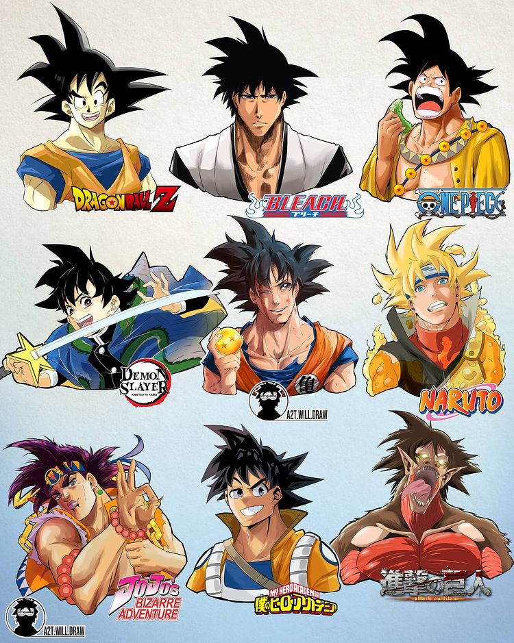 Este seria o visual do Goku de Dragon Ball em 9 animes diferentes