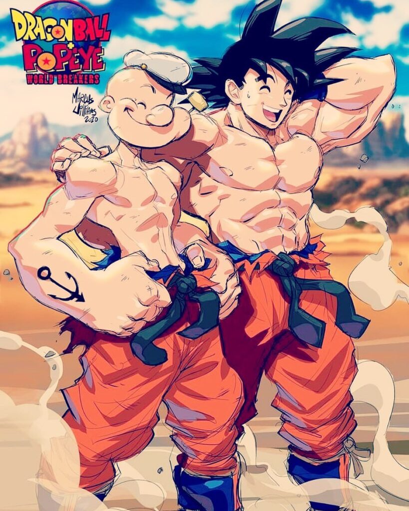 Arte oficial mostra o encontro de Popeye e Goku de Dragon Ball Super