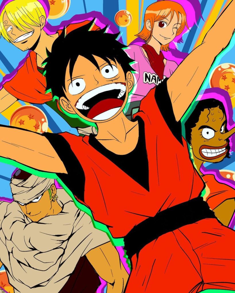Fã cria arte de Luffy usando o uniforme laranja do Goku de Dragon Ball