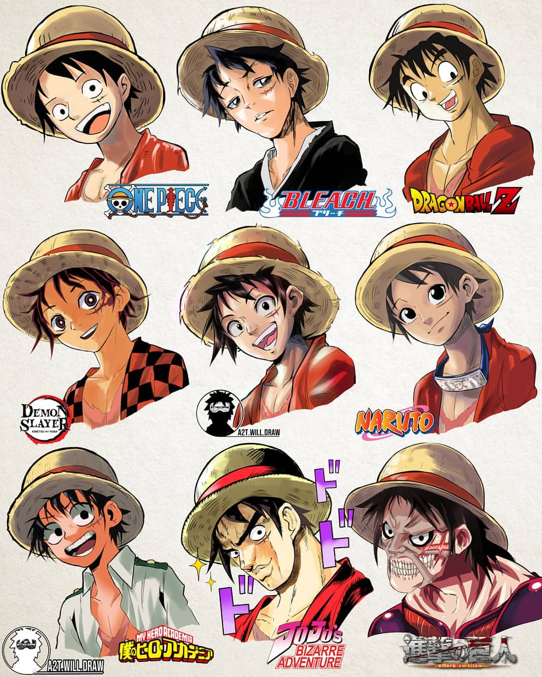 Arte mostra como seria o Luffy de One Piece em 9 animes diferentes