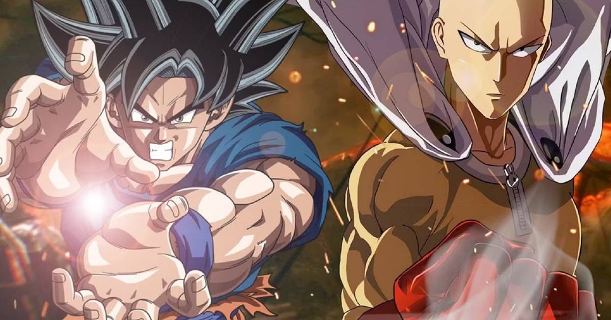 Arte divina mostra Goku de Dragon Ball enfrentando Saitama de One Punch Man